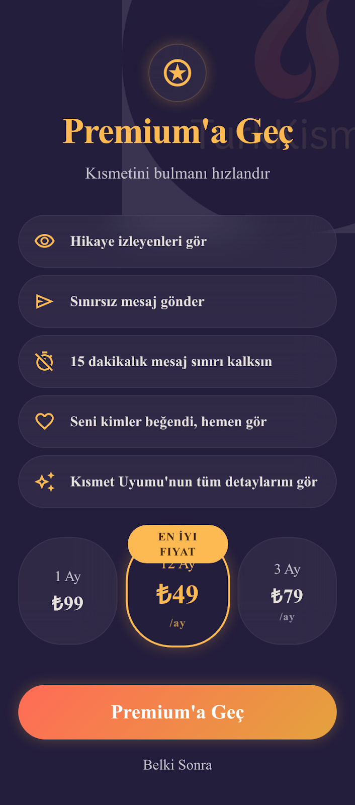 TurkKismet Premium'a geç ekranı